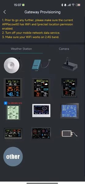 Ecowitt Application for Android and IOS, Gateway provisioning Screen