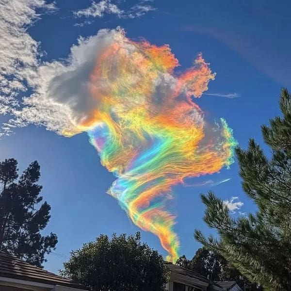 Fire rainbow (circumhorizontal arc) in the sky with vibrant red, orange, and yellow colors caused by sunlight refracting through ice crystals in cirrus clouds.