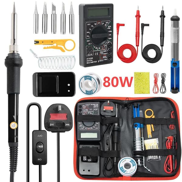 Complete soldering set including adjustable temperature welding iron, digital multimeter, desoldering pump, 5 different soldering iron tips, soldering iron stand, cleaning sponge, 2 tweezers, wire stripper cutter, 2 electronic wires, carry bag, and manual.